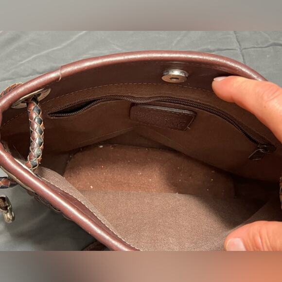 BRIGHTON Leather Bucket Bag Weave Dark Brown Handbag Purse NICE - Picture 7 of 9